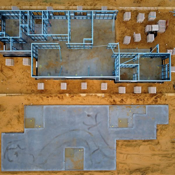 an aerial view of a construction site with concrete blocks